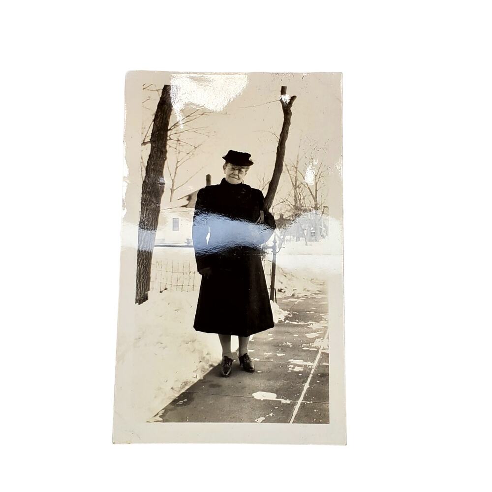 Vtg Older Woman Posing on Snow Day Original Monochrome Photo Found Snapshot